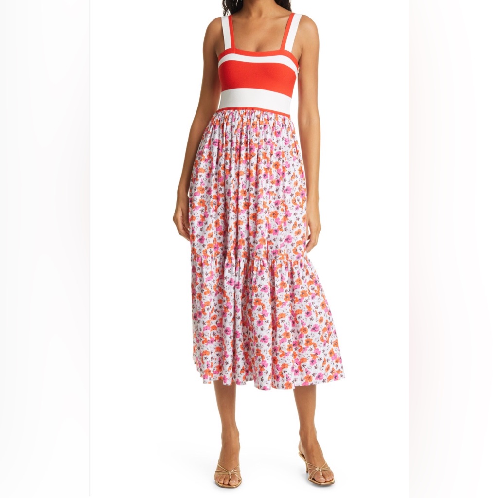 Tanya Taylor Pink & Orange Floral Tiered Midi Skirt